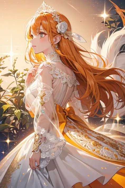 A GIRL, An orange gradient ribbon lined with lace. A white flower design is randomly placed on the fabric, while gold and white glitter coats the tips of the top and tails.  SPARKLE; GLITTER