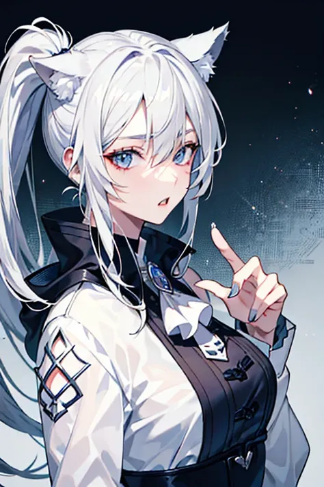 best qualtiy，tmasterpiece，The is very detailed，4K，Gray hair and shallow eyes，Drag cool expressions，Wolf ears，Erect scar on the left eye，British style，1girl，Absolutely beautiful, big bust, white costume, high pony tail, high quality, ultra high definition,