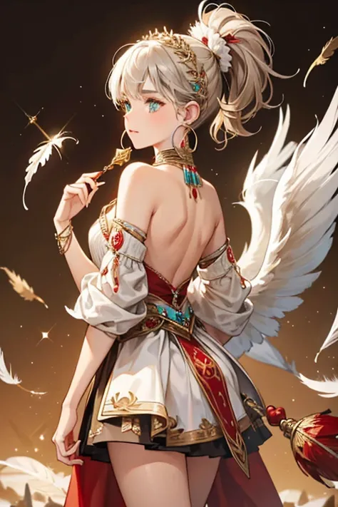 A GIRL,  A fan made of white feathers with a light brown and beige ornate band, decorated with red stones. The folding piece is black with a brown feather hanging from it.


Silver hoop earrings with four turquoise dots on the front and back. SPARKLE; GLIT...