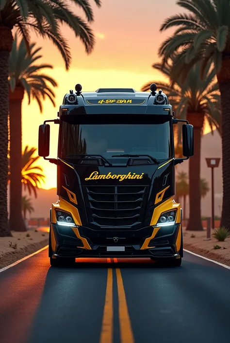 (high quality image, High Definition, 16k, realistic photo) a Man type tractor truck, with the characteristics of a lamborghini, aggressive, powerful. The truck is black and yellow, big grill, with the acronym "Mack" on the grill. . Decoration on the road,...