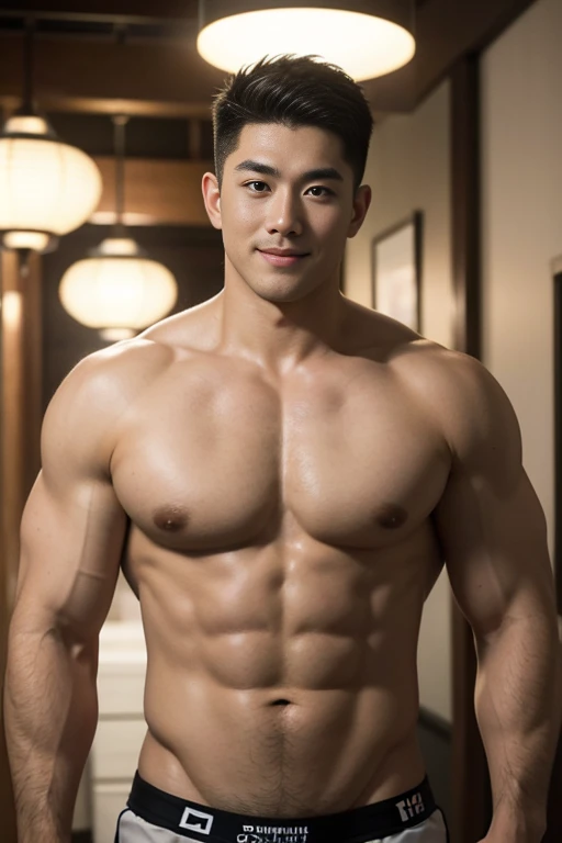 (A handsome, fat, muscular naked Japanese man), round face、underwear、(Cowboy Shot), (short hair), A handsome, muscular American man in Chinatown of San Francisco, Mischievous Smile, (detailed: 1 1), Natural Muscle, high quality, Beautiful Eyes, (detailedな顔...