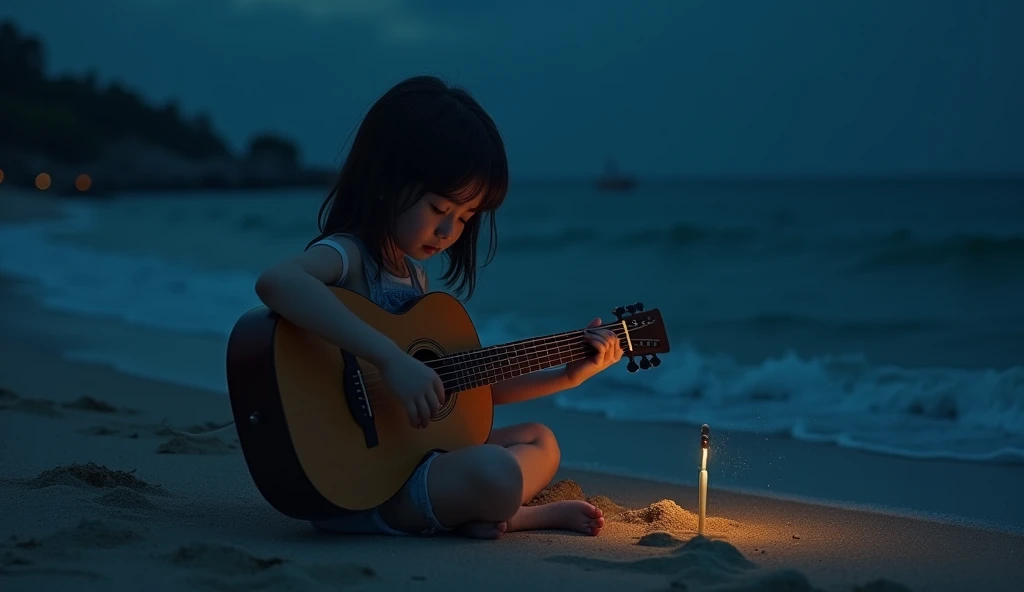 Create a real image of a 10 year  who sitting near beach. She has a gitar and she play gitar. She feels very alone nature looks like very sad. The day is night.