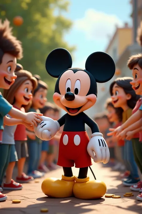 Mickey Mouse receiving money from young people