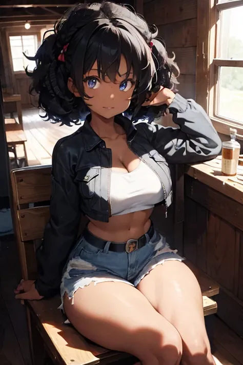 1 female, afro hair, black afro hair black girl afro hair, darker skin, brown skin, huge breast, thick legs, light blue eyes, cowgirl clothes, short short, cowgirl bra, brown jacket, black boots, farm house, sitting down, in the chair