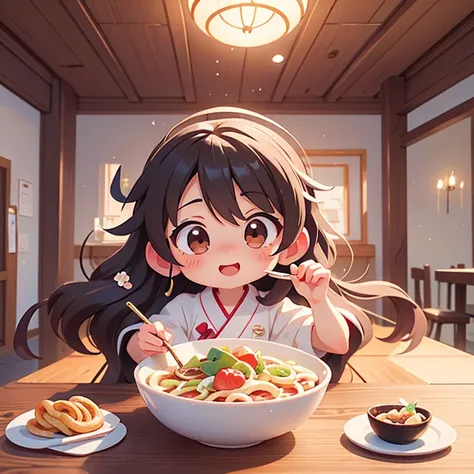 Eating udon　beautiful　Anime-style design　Highest quality ,masterpiece, figure, Very delicate and beautiful, wonderful, In detail, masterpiece,　Charm　
