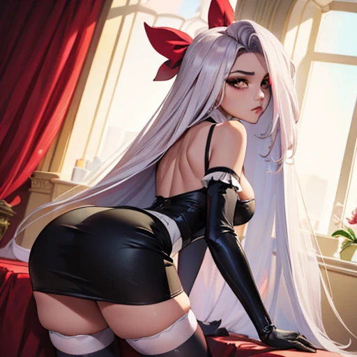 (back view Emphasis), backs, from behind, on fours, back view, sex(masterpiece, best quality:1.4), absurdres, highres, ultra detailed, beautiful, (maid), (perfect face, detailed face, beautiful:1.3),(natural breasts, cleavage), collarbone, fingerless glove...