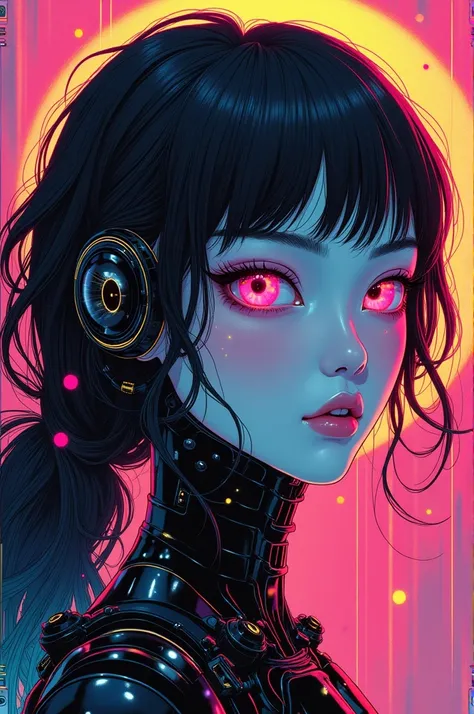 ((best quality)), ((masterpiece)), (detailed), perfect face of cyberpunk mecha japanese girl, neon rainbow eyes, metallic black body, rainbow hair, ((monochromatic neon rainbow color palette)), surreal, art nouveau, spaceships, aliens, fantasy, sci-fi, gra...