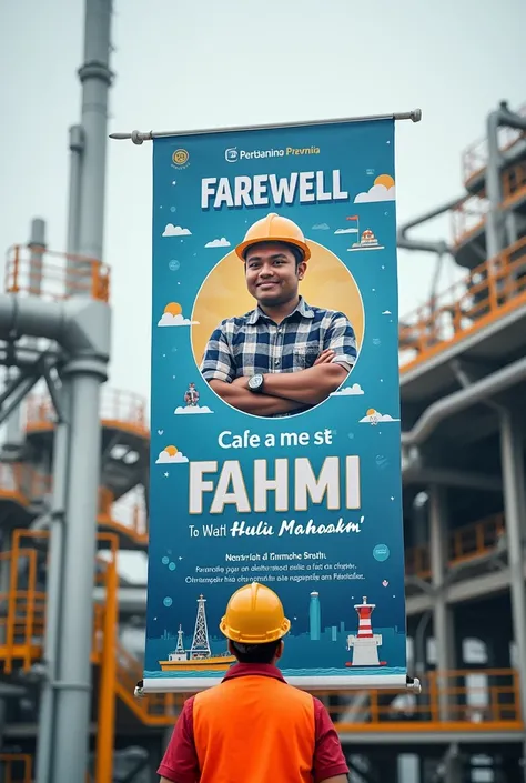 Make me a farewell banner for changing jobs in the name of Fahmi, a Pertamina Hulu Mahakam worker from the HCA site to the SPU site.