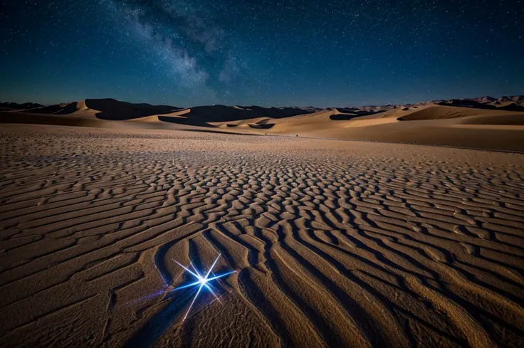 night of the desert made of crystal, reflecting the light of the stars, sand patterns beautifully