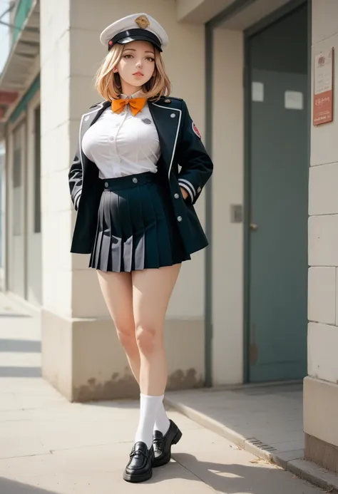 Camie Utsushimi, big breasts, White shirt, orange bow on neck, black double-breasted jacket, bright orange, black pleated skirt, White socks, black shoes, gorra de shiketsu.