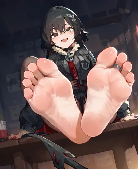 1 Girl, jane doe (zenless zone zero) ，Sitting at the table，Black Hair，Long hair, Solitary, Smile, open mouth, Looking at the audience, Tail，Low Angle，barefoot，suns，Foot Focus，齐Bangs，Bangs, Correct feet，Five toes，Tail，Anatomically correct, Girl showing two ...