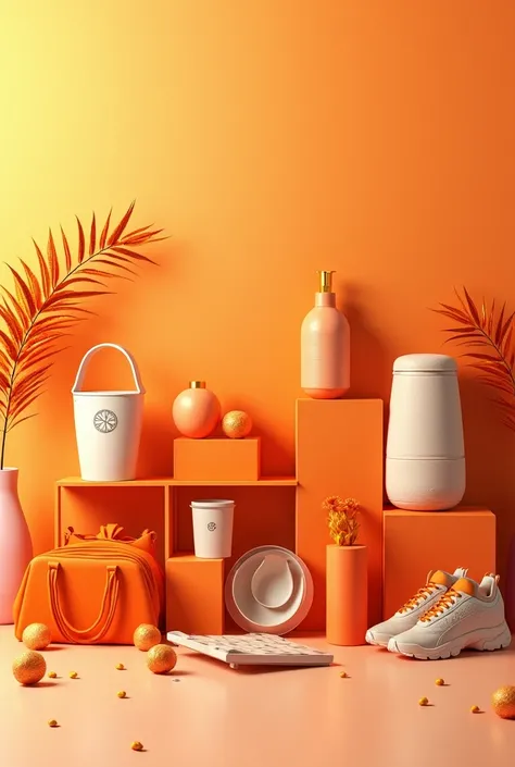 Create a horizontal image, for a virtual store, that will sell trending products; technology, household products, among others. The image must have a diversity of these products and the orange color must predominate. 