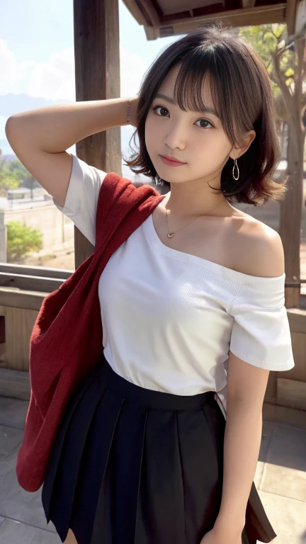 ((Japanese early teens)), beautiful girl, Off-the-shoulder T-shirt, Small pleated skirt, No pants, Close-up of thighs and face, Shooting from below, Very white skin, Very short hair, Wavy Hair, Black Hair, Ancient temple, sunrise, Realistic, indirect light...