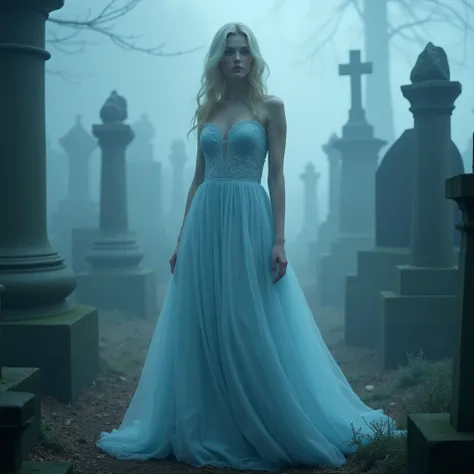 a beautiful woman, pale, in a long light blue dress, in a cemetery, with fog on the ground, looking forward.