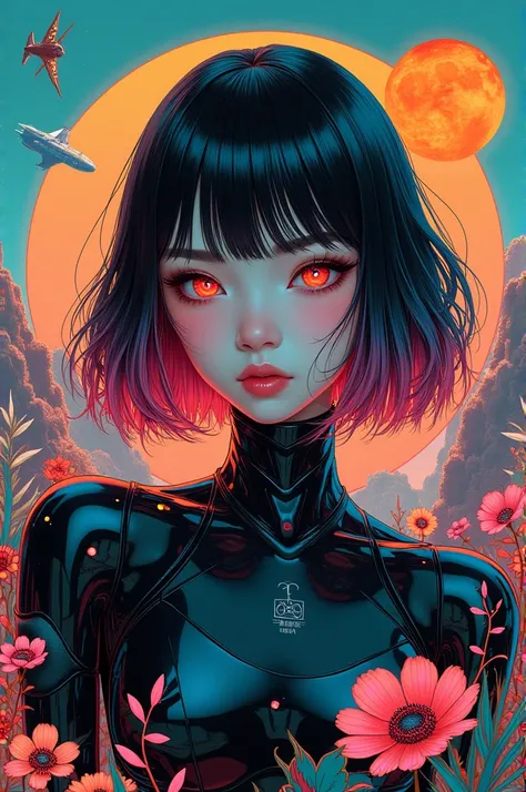 ((best quality)), ((masterpiece)), (detailed), perfect face of cyberpunk mecha japanese girl, neon rainbow eyes, metallic black body, rainbow hair, ((monochromatic neon rainbow color palette)), surreal, art nouveau, spaceships, aliens, fantasy, sci-fi, gra...