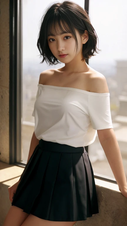 ((Japanese early teens)), beautiful girl, Off-the-shoulder T-shirt, Small pleated skirt, No pants, Close-up of thighs and face, Shooting from below, Very white skin, Very short hair, Wavy Hair, Black Hair, Ancient temple, sunrise, Realistic, indirect light...