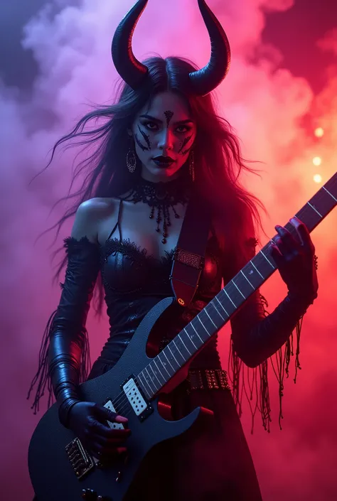 female Oni vampire red fire burning around it, gorgeous pretty face, playing electric guitar, heavy metal guitar, purple magic smoke flowing in the air, scary background creepy and evil, scary monk monastery, intricate detail, cinematic lighting, octane re...