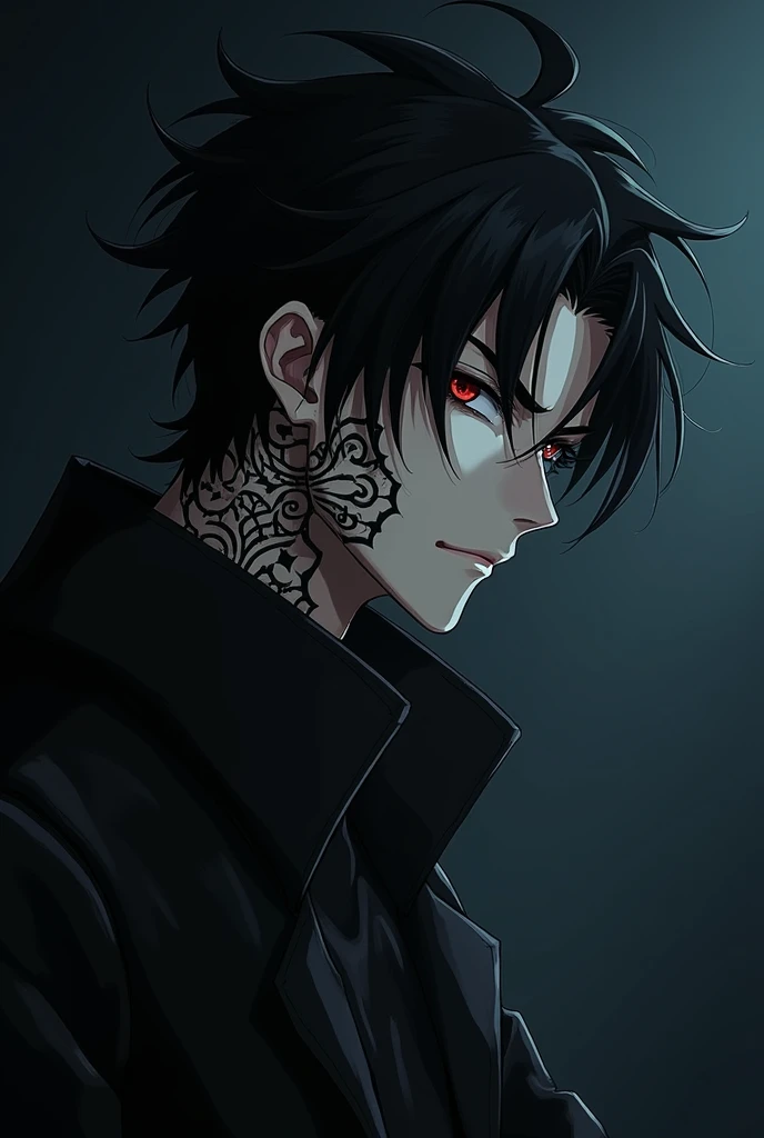 An image of rimura tempeste anime man, dark style with tattoo , his profile from the front, not whole body 