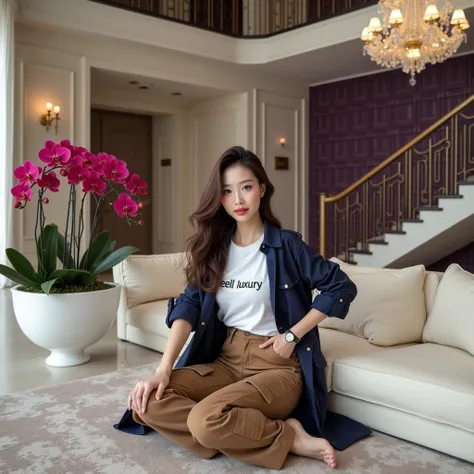 Expensive and high quality interior design photos in Dubai. 
A beautiful Korean woman with smooth white skin, a perfectly maintained face with brown hair , wearing a long shirt rolled up at the elbow in navy blue, brown cargo jeans pants with lots of pocke...