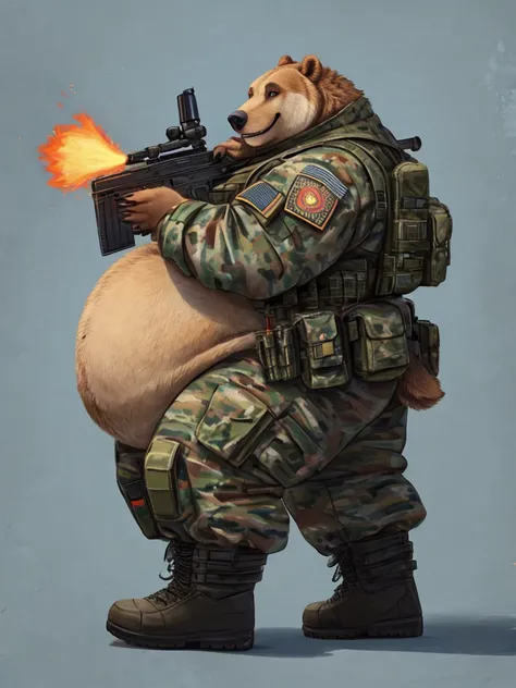 Extremely Obese Grizzly Bear with Extremely Massive Overhang Belly, wears military special forces outfit, wears boots, smiles at the viewer, holding and firing a rifle, side view