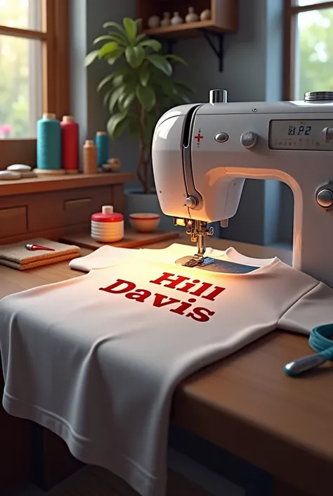 I want a sewing machine to sew a t-shirt and some threads with the word Hill Davis should come out.