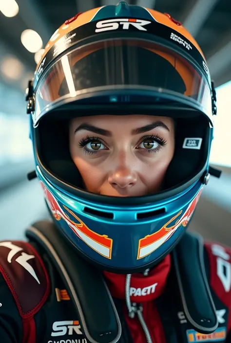 Formula 1 driver woman selfie with helmet SELFIE