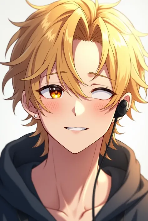 hair blonde, medium hair, Wavy hair, aretes, slightly-smile, simple background, earphone, Depth of field, アニメ, naughty man