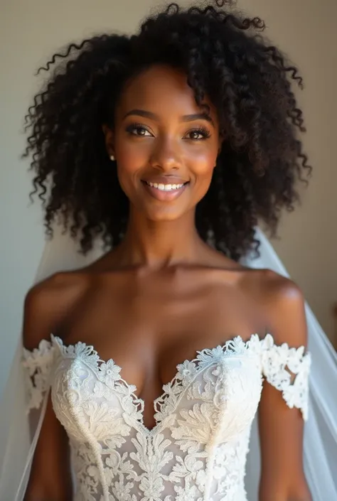 black female, curly hair, eyes browns, long eyelashes with a wedding dress 