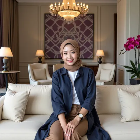 Expensive and high quality interior design photos in Dubai. 
A beautiful Korean woman with smooth white skin and a perfectly maintained face ,hijab warna coklat , wearing a long shirt rolled up at the elbow in navy blue, brown cargo jeans pants with lots o...