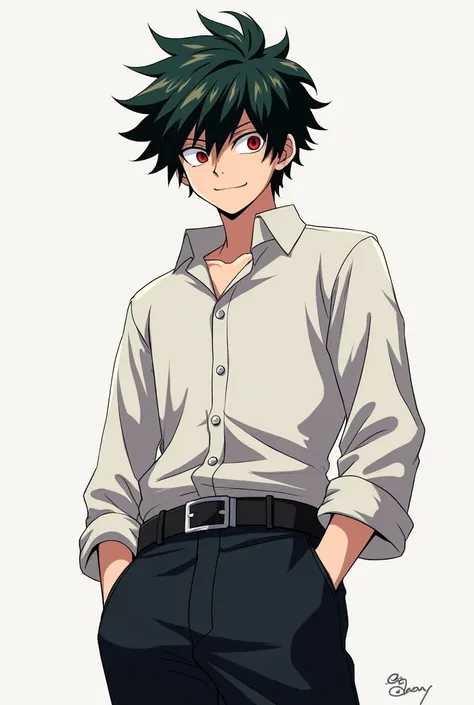 Anime style man boku no hero academia short black hair with red spots on the front long black pants and a white semi-long shirt 