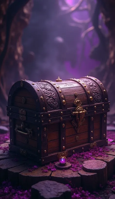 Make a picture with a wooden chest full of treasures with a purple and black background