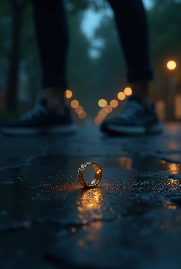 a small, simple, golden ring on the wet ground of a tree-lined square near a pretty person wearing a pair of women&#39;s sneakers at night