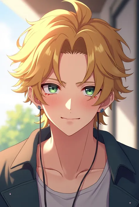 hair blonde, medium hair, curly hair, aretes, slightly-smile, simple background, earphone, Depth of field, アニメ, naughty man