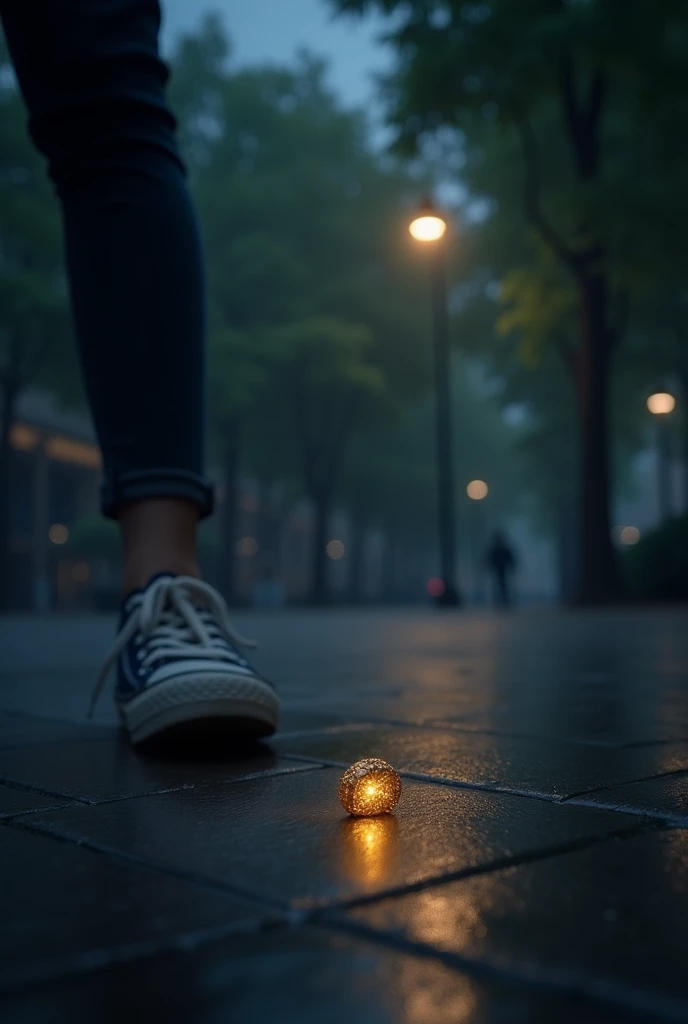 a small, simple, golden ring on the wet ground of a tree-lined square near a pretty person wearing a pair of women&#39;s sneakers at night