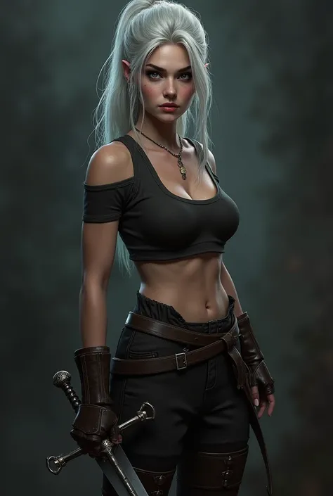 Ciri from the witcher 3, wearing crop top, raising right eyebrow, holding a medeivel sword, thick eyeliner, thick eyebrows, eyelashes, 