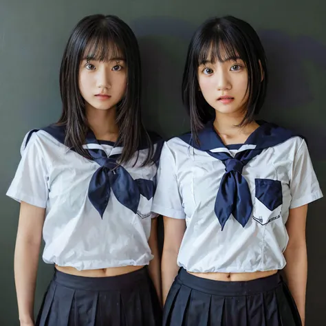 portrait high school student japanese identical twin sisters looking at the camera correct anatomy expressionless oblique profil...