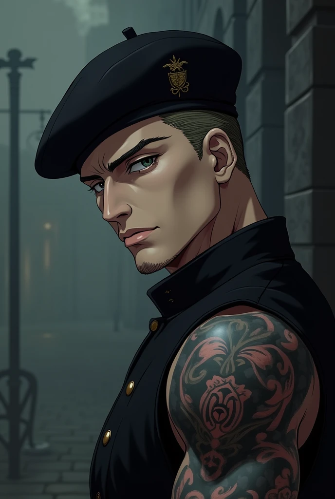 An anime man image, dark style with tattoo , his profile from the front, not full body with an Italian men&#39;s beret 