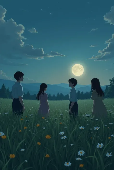 A summer night field with happiness and sadness in nature with real characters 