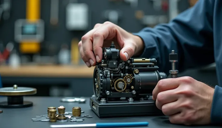 A close-up of a person’s hands adjusting and fine-tuning a mechanical device, with a soft background showing a neatly organized workspace. The image should evoke a sense of precision and attention to detail. --ar 16:9