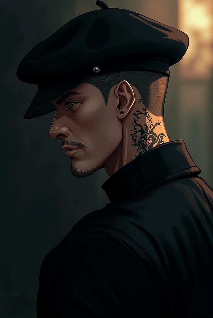 An anime man image, dark style with tattoo , his profile from the front, not full body with an Italian male beret with an authority profile 