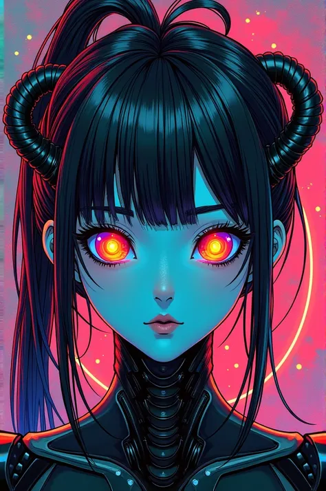 ((best quality)), ((masterpiece)), (detailed), perfect face of cyberpunk mecha japanese girl, neon rainbow eyes, metallic black body, rainbow hair, ((monochromatic neon rainbow color palette)), surreal, art nouveau, spaceships, aliens, fantasy, sci-fi, gra...