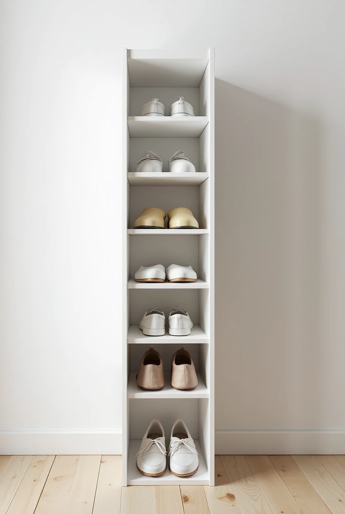 Create a vertical wooden shoe rack, with 20 floors and in white color 