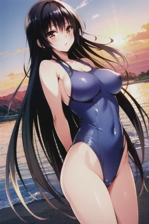 One Girl,  Kotegawa Yui, Long Hair,Swimsuit,Black Hair, Blue sky background,Sun in the background,  whole body, View your viewers, Large Breasts, Anatomically correct,Cowboy Shot, masterpiece, 