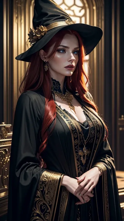 intricate portrait of a beautiful witch with fiery red hair, piercing blue eyes, wearing black and gold clothing, hyper detailed, cinematic lighting, photorealistic, (best quality,4k,8k,highres,masterpiece:1.2),ultra-detailed,(realistic,photorealistic,phot...