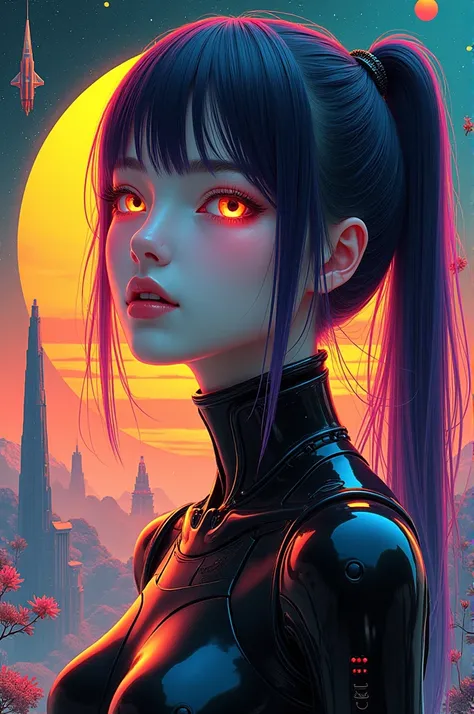 ((best quality)), ((masterpiece)), (detailed), perfect face of cyberpunk mecha japanese girl, neon rainbow eyes, metallic black body, rainbow hair, ((monochromatic neon rainbow color palette)), surreal, art nouveau, spaceships, aliens, fantasy, sci-fi, gra...