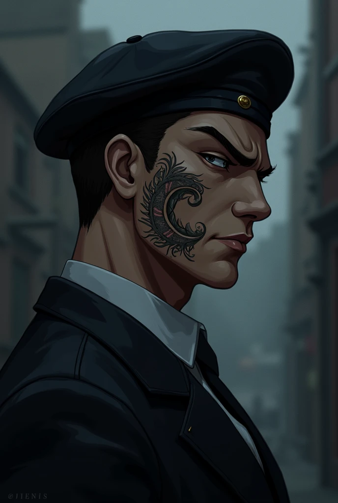 An anime man image, dark style with tattoo , his profile from the front, not full body with an Italian men&#39;s beret with an authority profile Peaky Blinders style