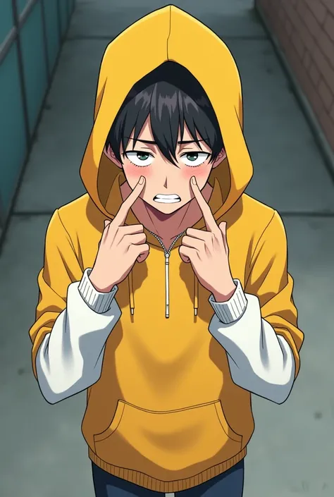 young skinny nervous man with yellow hoodie and white sleeves (the hood is on his head), and arms slightly extended to the sides, pointing at his scared and sterilized face with both hands, the boy is in 3/4, view from above and in 3/4, (anime style)