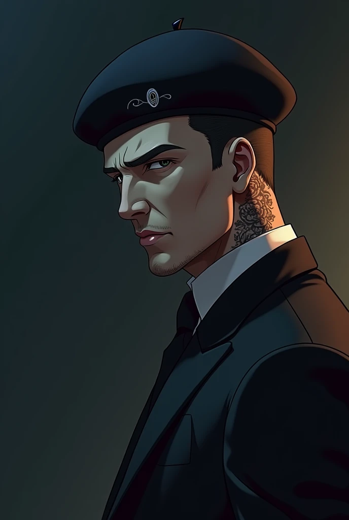 An anime man image, dark style with tattoo , his profile from the front, not full body with a Peaky Blinders style Italian men&#39;s beret