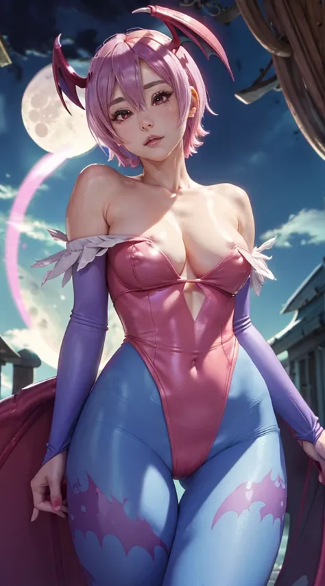 Lilith Aensland for her super thick breasts、pink hair、、8k, 4k, Of the highest quality, High resolution: 1.2),flicker、、cute anime face、pink blush on the cheeks.、noise removal,very close to the screen... (((her perfect body))) that her body can be seen from ...