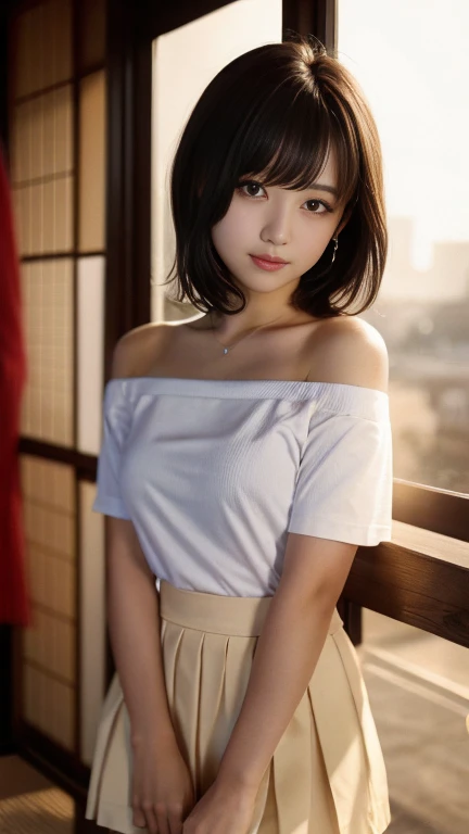 ((Japanese early teens)), beautiful girl, Off-the-shoulder T-shirt, Small pleated skirt, No pants, Close-up of thighs and face, Shooting from below, Very white skin, Very short hair, Wavy Hair, Black Hair, Ancient temple, sunrise, Realistic, indirect light...